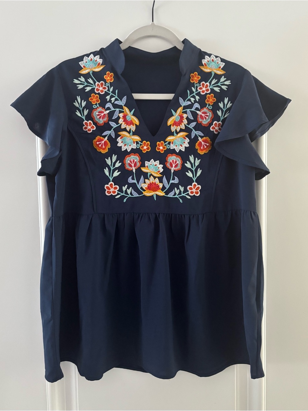 New Embroidered Navy Flutter Sleeve V-Neck Top - Navy